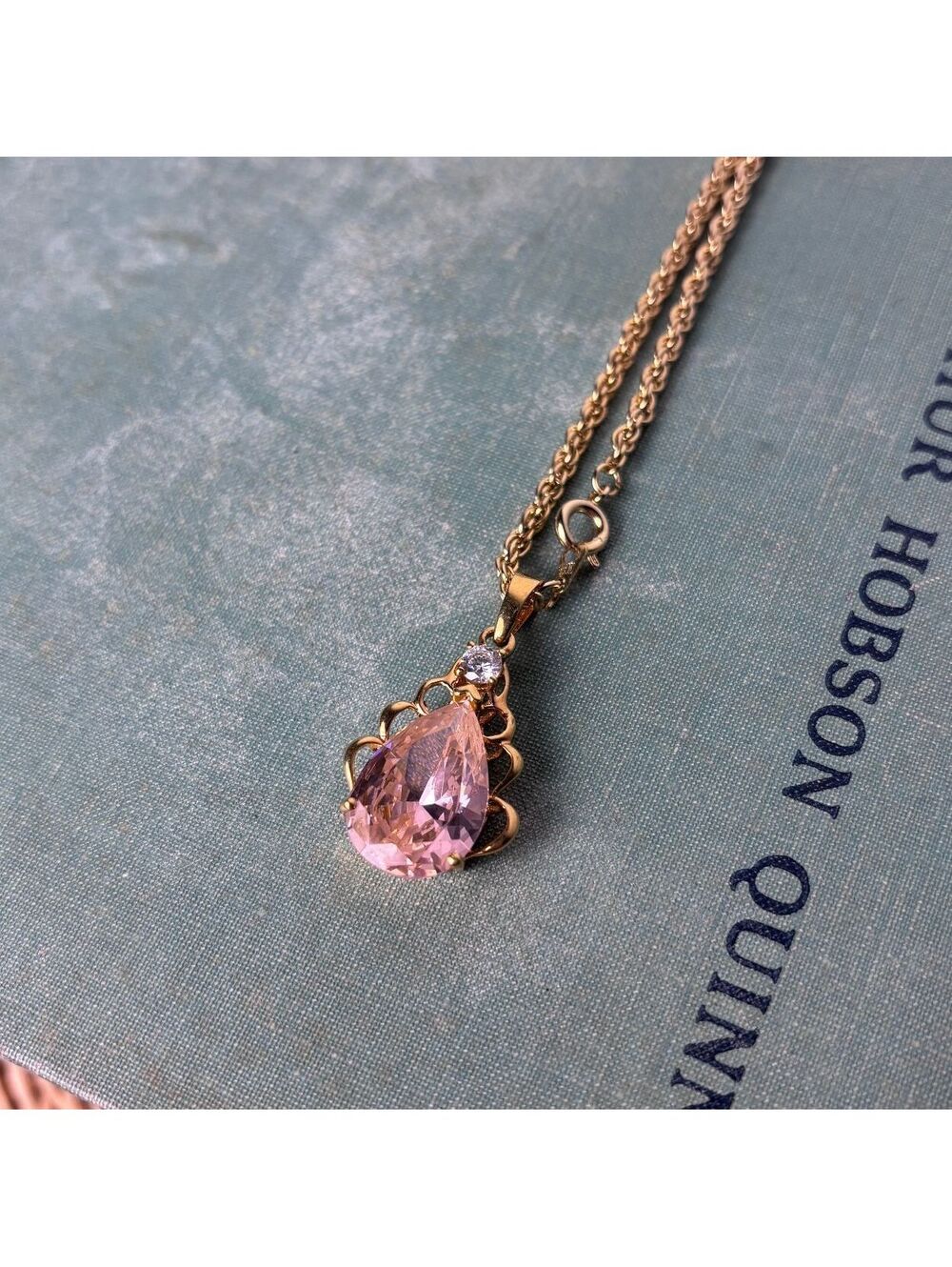 Gold Necklace with Pink Teardrop Pendent